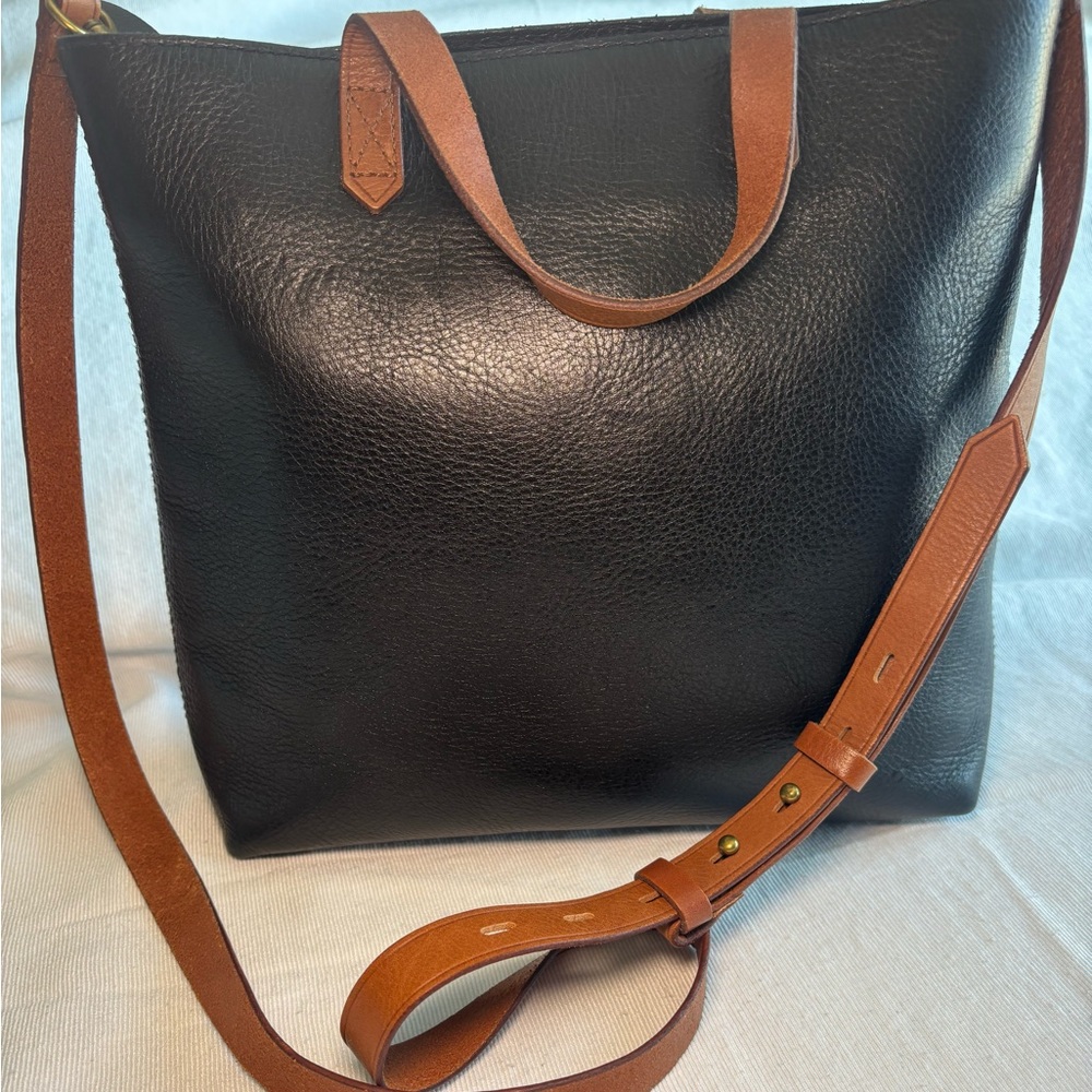 MADEWELL Black Leather Tote Bag with Brown Straps